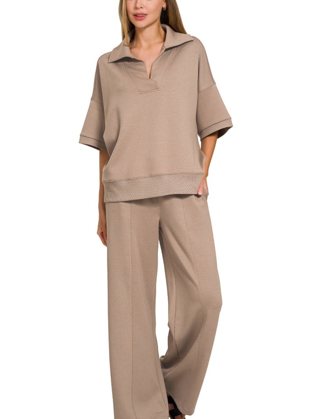 ZENANA SCUBA COLLARED SHORT SLEEVE PULLOVER & CENTER SEAM PANTS SET